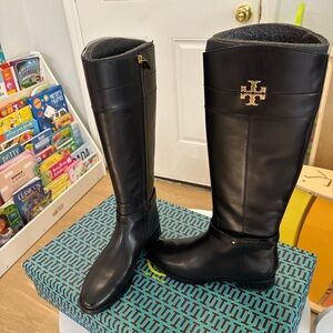 Tory Burch Black Leather Boots with Gold Emblem